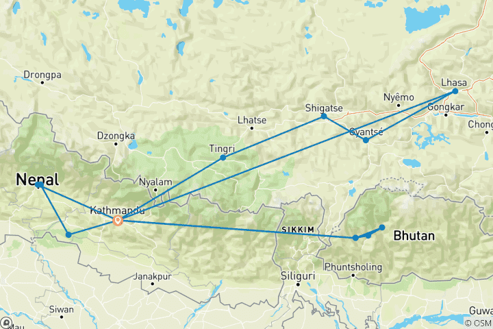 Karte von Nepal, Bhutan und Tibet Entdeckungsreise