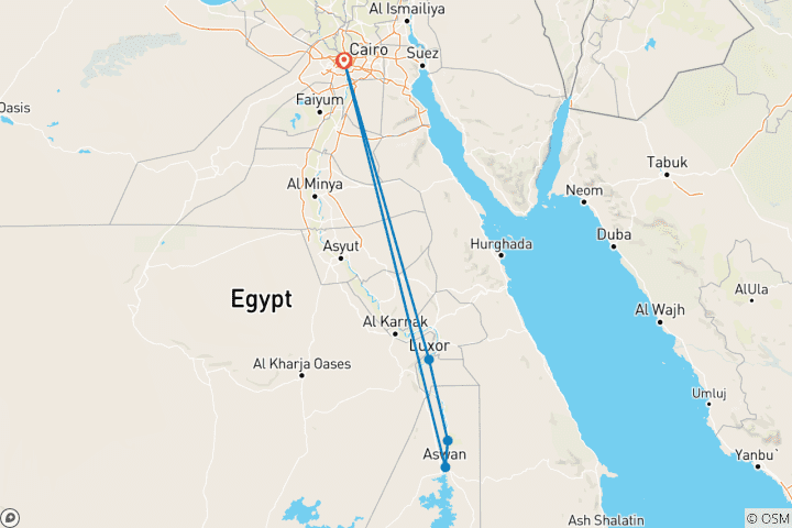Kaart van 8-daagse Egypte hoogtepunten tour: Piramides, Nijlcruise & Oude Tempels