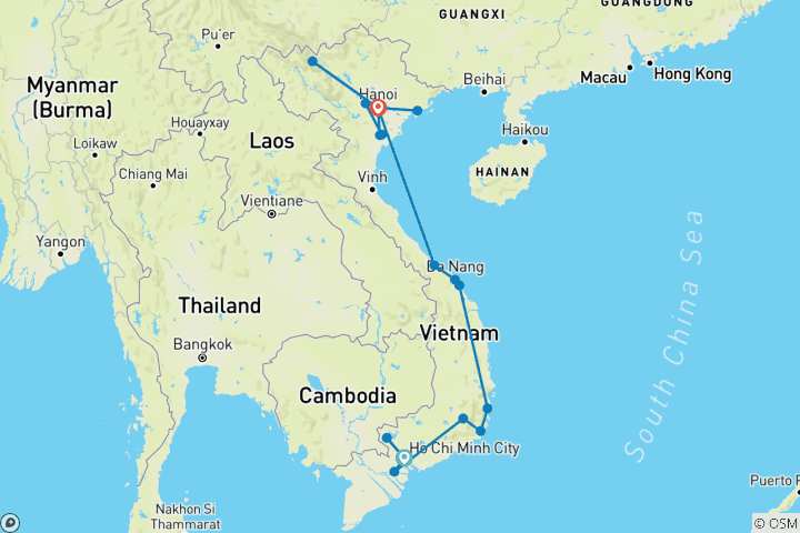 Kaart van Smaak van Vietnam rondreis van Saigon naar Da Lat, Nha Trang, Hoi An, Hue, Halong, Hanoi, Sapa