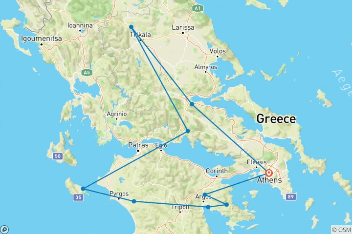 Map of 5 Days Private Tour in Argolis, Olympia, Delphi, Meteora & Zakynthos Island