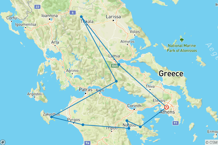 Kaart van 5-Daagse privéreis, Delphi, Olympia, Meteora, Zakynthos