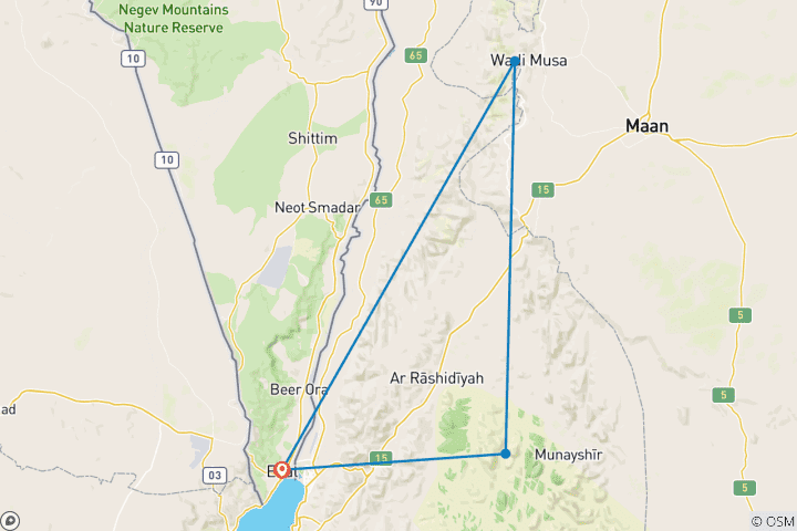 Map of *RAU* Petra and Wadi Rum Tour For 02 days - 01 Night from Eilat Border (ELT-JHT-004)