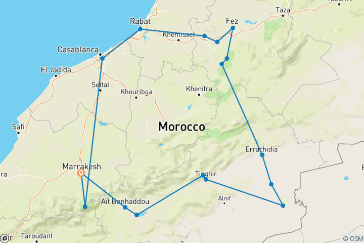 Map of 10 Days Morocco Cultural tour from Marrakech