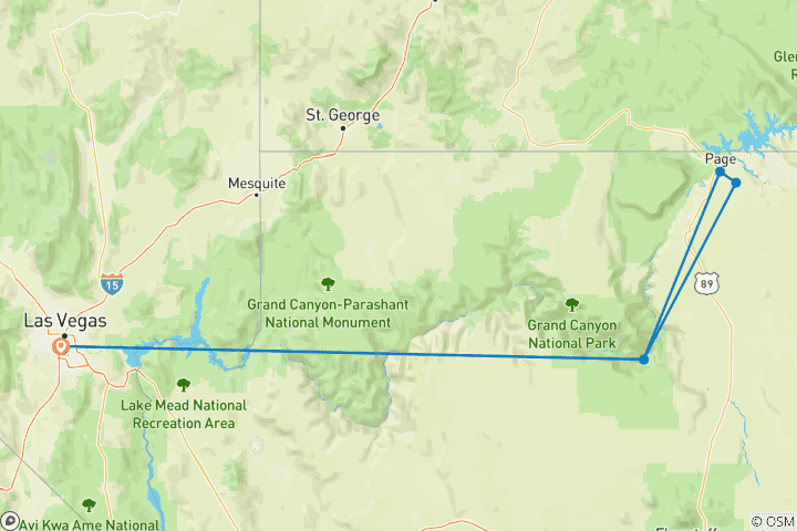 Mapa de Circuito nocturna en grupos pequeños al Gran Cañón, Cañón del Antílope, Horseshoe Bend y lago Powell