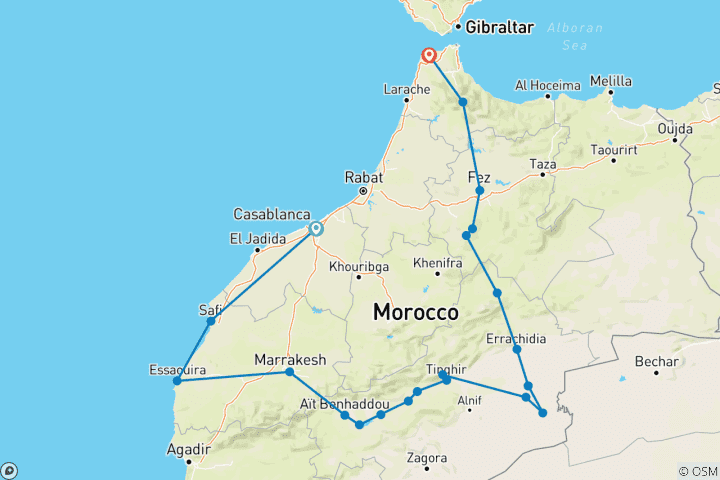 Karte von Marokko mit Casablanca, Tanger, Essaouira, Marrakesch, Wüste, Fes und Chefchaouen Privatreise 9 Tage