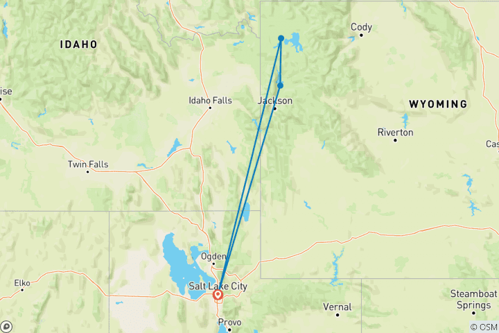 Map of 4 day Yellowstone and Tetons in depth tour from Salt Lake City Small Groups Tour