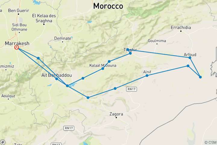 Map of Private 5-Day Sahara Desert Round Trip from Marrakesh