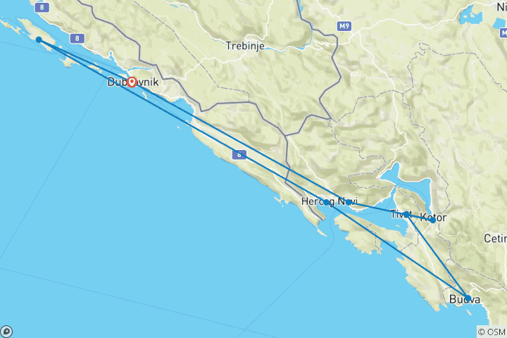 Map of Montenegro Sailing Adventure from Dubrovnik