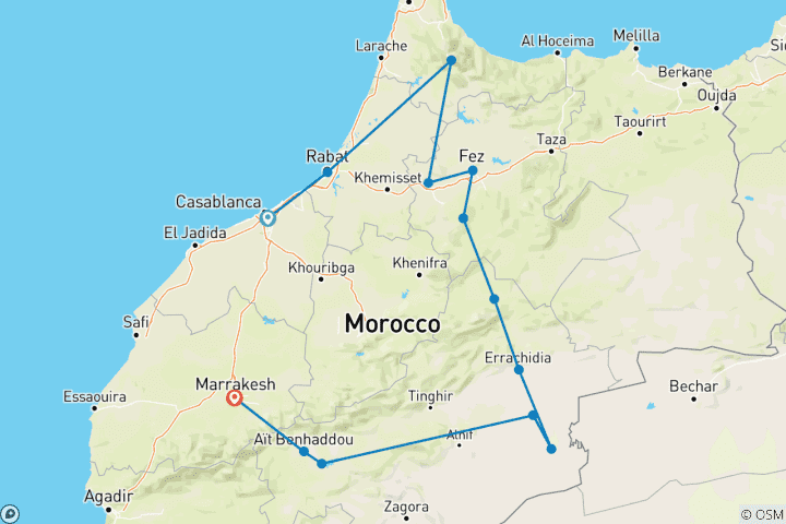 Map of Casablanca to Marrakech Private 6-days