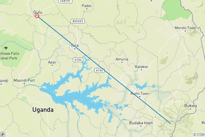 Map of Safari to Kidepo Valley National Park and Sipi falls.