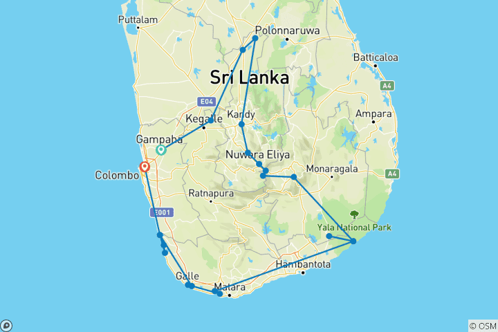 Kaart van De pracht van Sri Lanka - 11 dagen