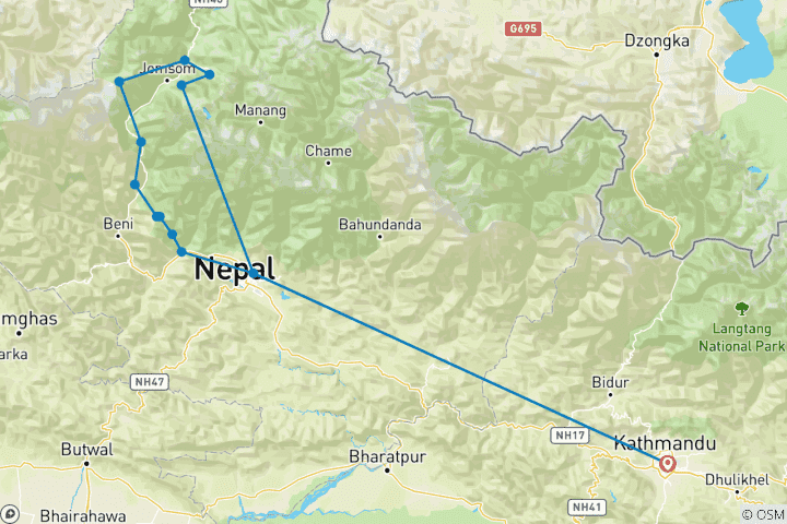 Map of 14 Days -Muktinath And Kagbeni Valley Trek