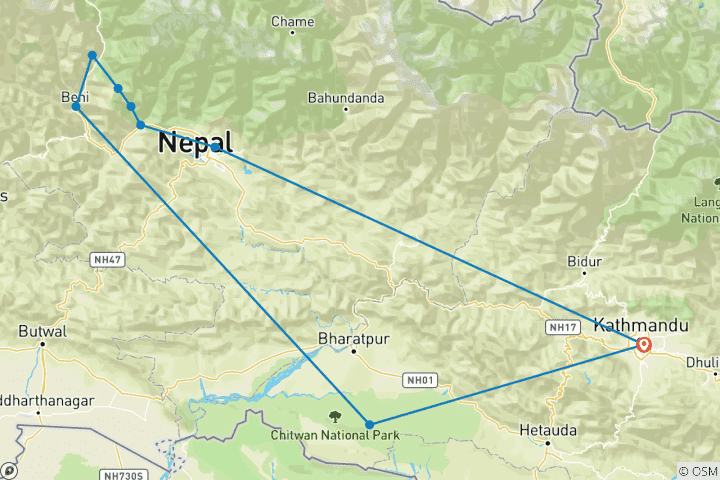 Map of 11 Days-Hot Spring Trek and Wildlife Safari