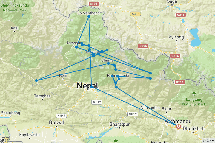 Map of 22 Days -Nar-Phu Valley Trek
