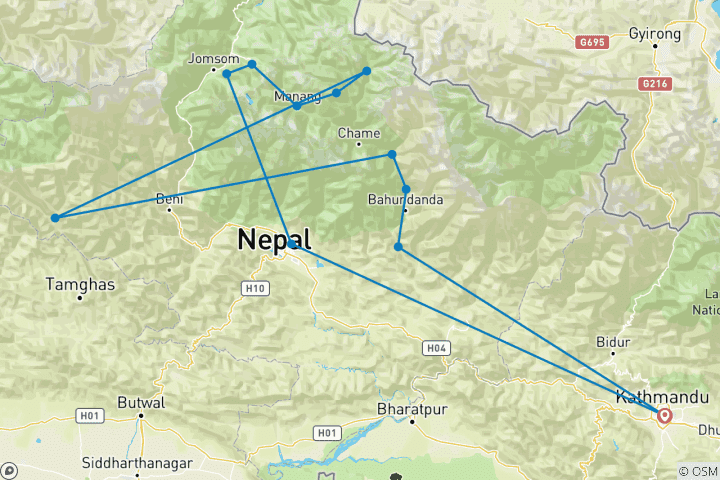 Map of 22 Days -Nar-Phu Valley Trek