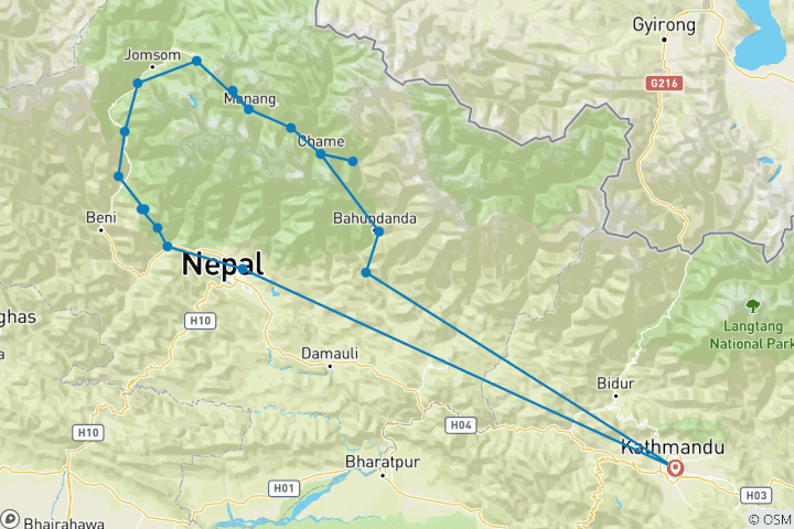 Carte du circuit 23 jours - Trek du circuit d'Annapurna - En toute tranquillité