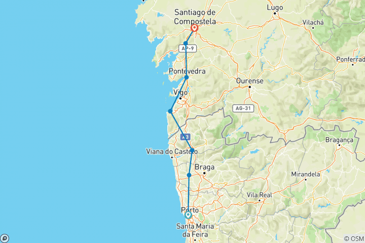 Map of Cycling the Portuguese Camino: Porto to Santiago de Compostela