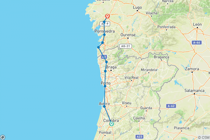 Carte du circuit Le Camino portugais à vélo : de Coimbra à Saint- Jacques- de- Compostelle