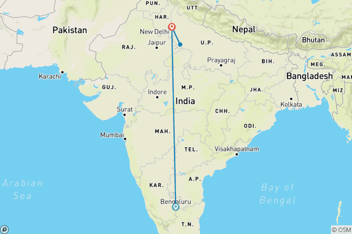 Mapa de Del amanecer al atardecer: excursión al Taj Mahal y Agra desde Bengaluru con vuelo a Delhi