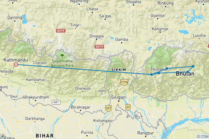 Carte du circuit Trek culturel du Bhumthang - 12 jours