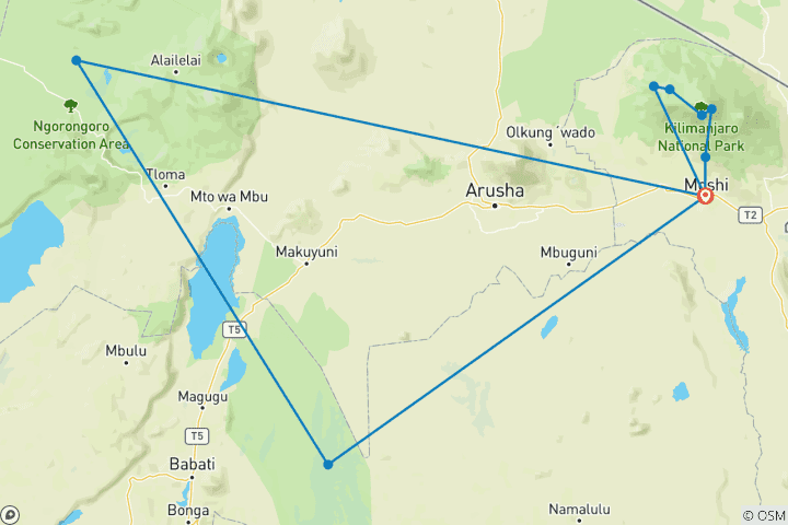 Map of Kilimanjaro Lemosho Summit and Camping Safari