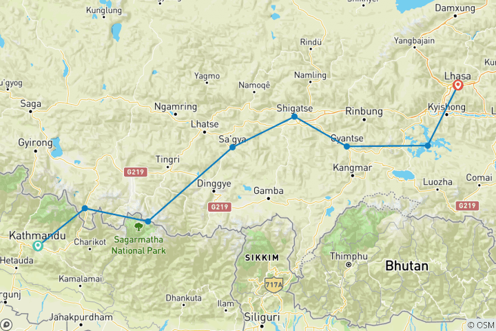 Map of 9 Days - Kathmandu to Lhasa Tour via Everest Base Camp