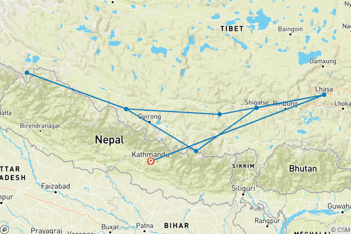 Map of 19 Days - Tibet Expedition with Mt. Kailash Pilgrim