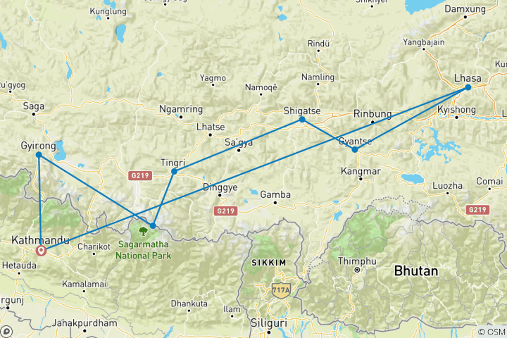 Map of 8 Days -Tibet Tours with EBC - Fly In Drive Out