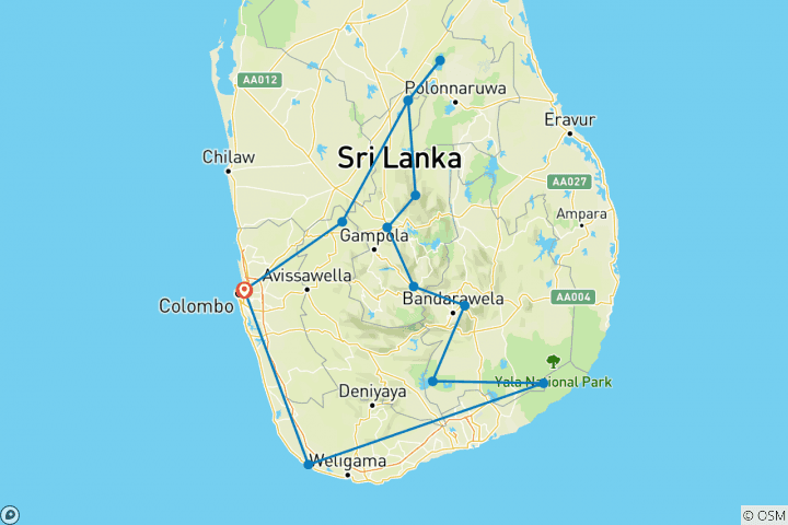 Map of Private Sri Lanka Wildlife Tour 2024