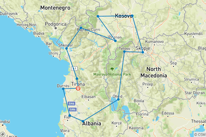 Karte von Albanien - Kosovo - Nordmakedonien Rundreise