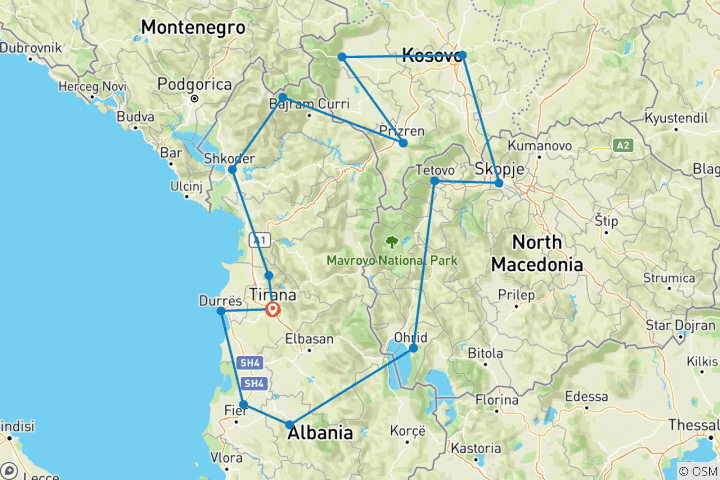 Kaart van Rondreis Albanië - Kosovo - Noord-Macedonië