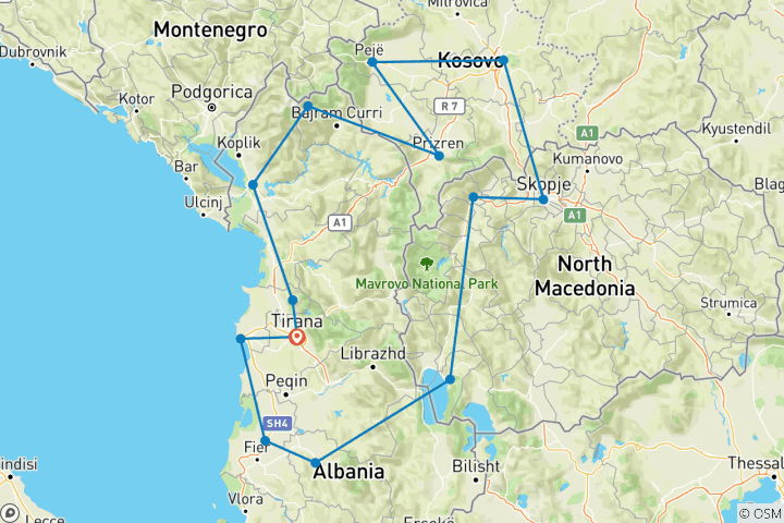 Karte von Albanien - Kosovo - Nordmakedonien Rundreise