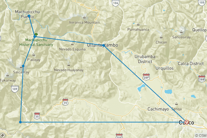 Map of 05 Day Salkantay Trek to Machu Picchu – Group Service