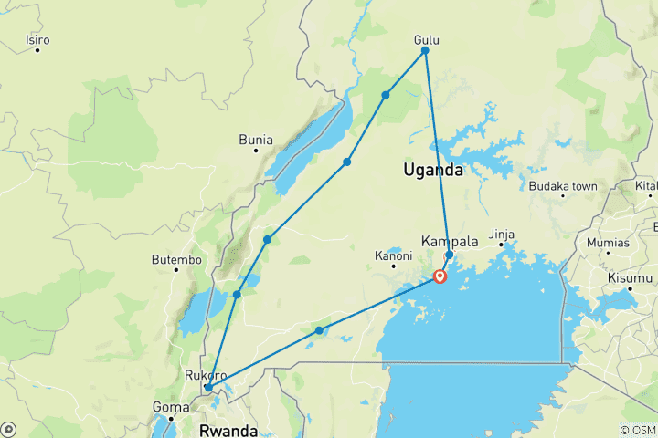 Karte von Uganda Safari: Gorillas, Schimpansen, Löwen und Kultur - 22 Tage