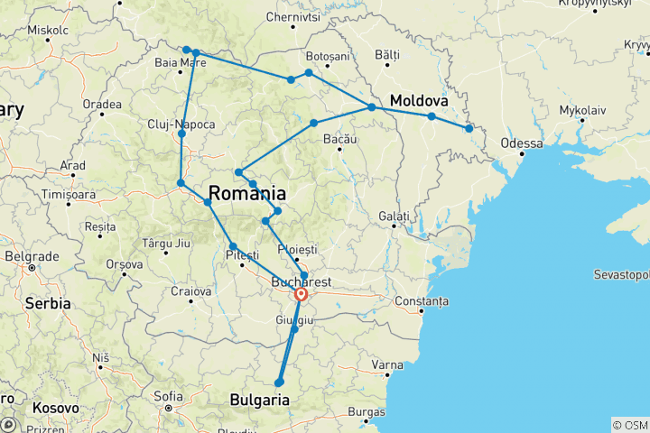 Kaart van Reis door Roemenië, Moldavië & Bulgarije - 15 dagen