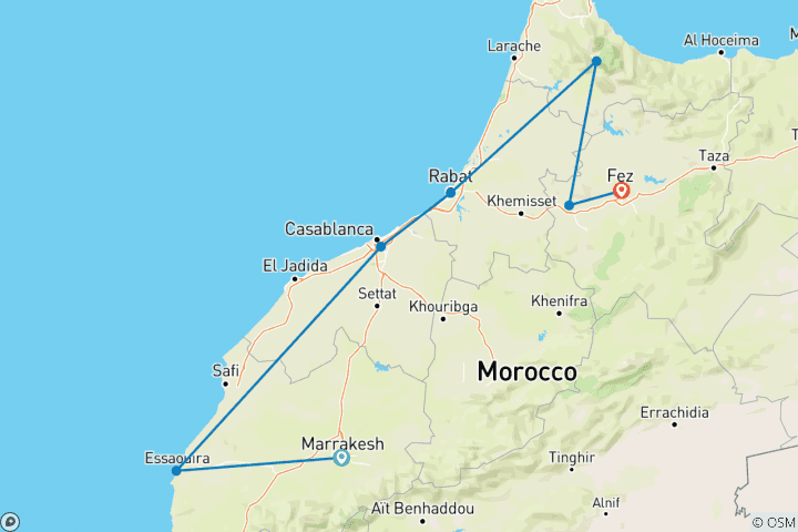 Map of 4 Days from Marrakech to Fes via Essaouira / Chefchaouen