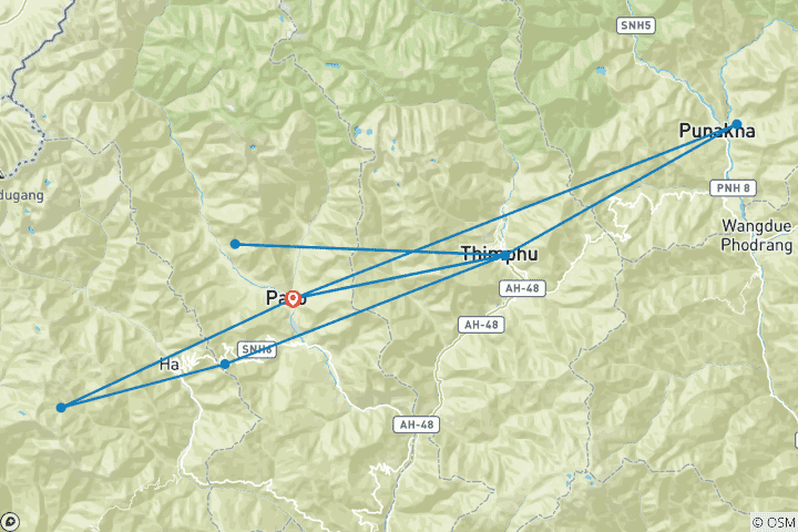 Map of 8 Days - Bhutan Cultural Tour with 3 Day Chelela Trek