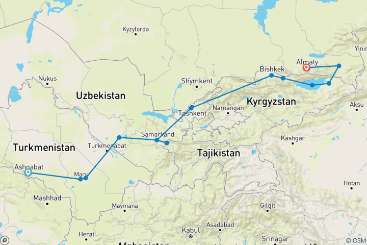 Carte du circuit Voyage aux cinq Stans - A la découverte des merveilles de l'Asie centrale
