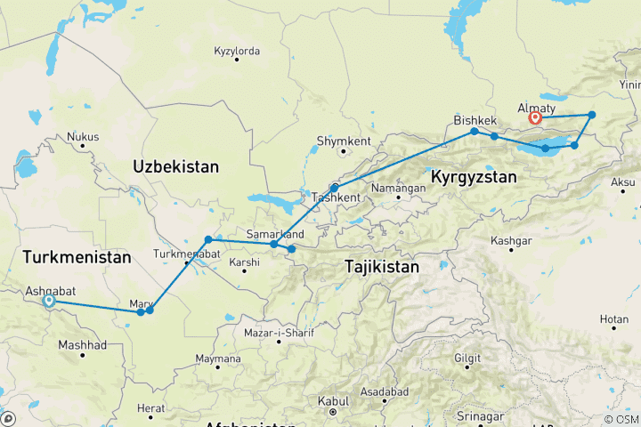 Carte du circuit Voyage aux cinq Stans - Explorer les merveilles de l'Asie centrale, 15 jours