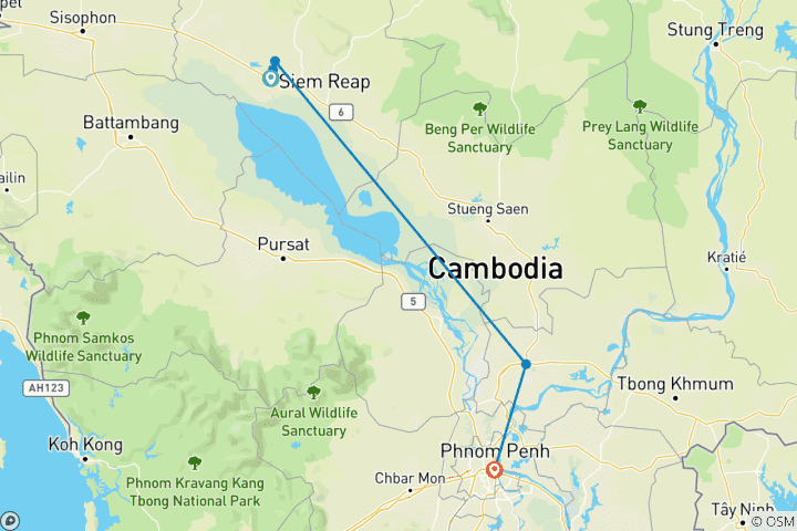 Kaart van Het beste van Cambodja – een rondreis van Siem Reap naar Phnom Penh – 5 dagen