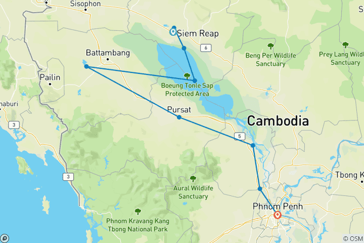 Map of Cambodia 7 Days Tour from Siem Reap to Battambang and Phnom Penh