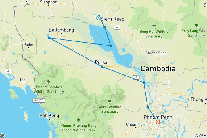 Karte von Kambodscha von Siem Reap nach Battambang und Phnom Penh 7 Tage