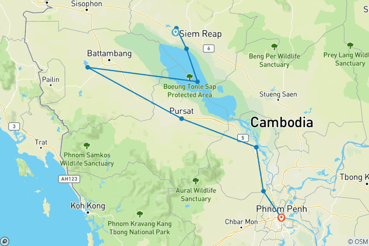 Map of Cambodia Tour from Siem Reap to Battambang and Phnom Penh 7 Days