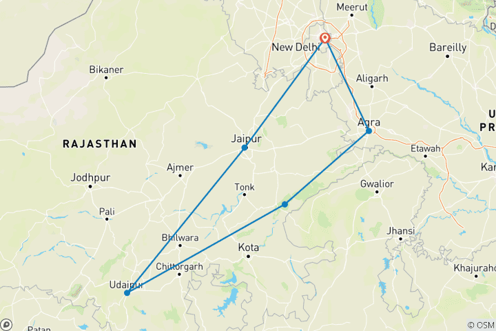 Carte du circuit 8 jours dans le Triangle d'Or avec Ranthambore et Udaipur - Taj Mahal, Tigres et Lacs