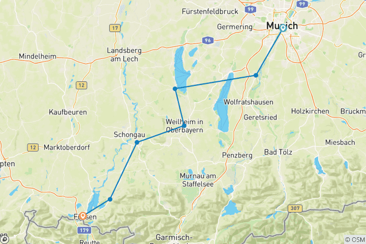 Map of Bavarian Way of St. James, Munich - Fussen