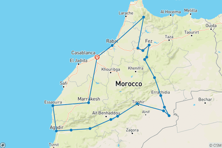 Map of 15-Day Morocco "Private" ​tour from Casablanca - Highlights of Morocco