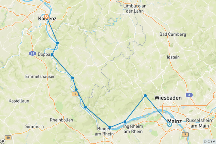 Mapa de Senderismo por el Rin: Maguncia - Coblenza