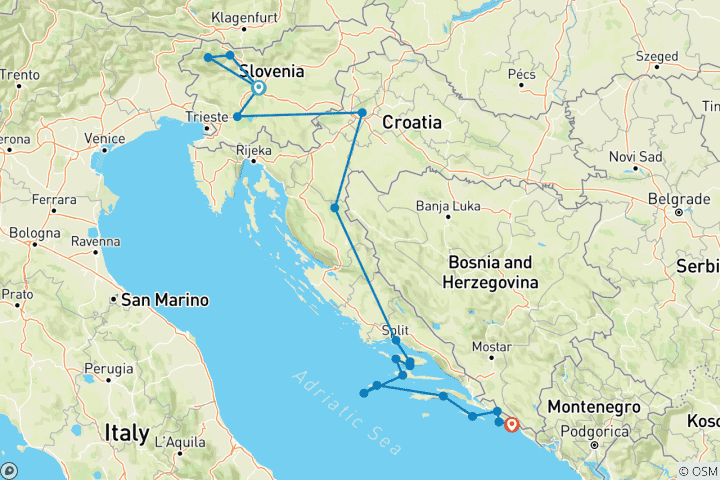 Carte du circuit Le cœur vert de l'Europe et la perle bleue de l'Adriatique