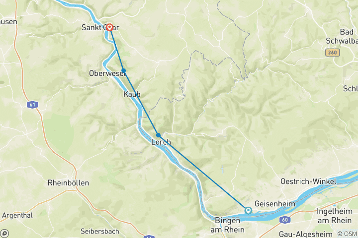 Mapa de Senderismo por el Rin: Rüdesheim - St. Goarshausen