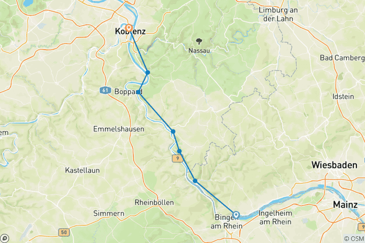 Map of Rhine Walking: Rüdesheim - Koblenz
